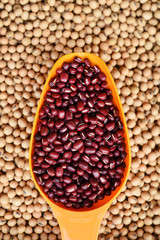 close up of red bean in spoon on soybean for background