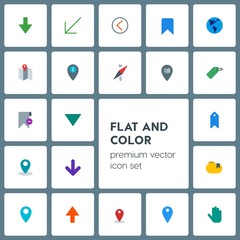 Modern Simple Set of location, arrows, cursors, bookmarks Vector flat Icons. Contains such Icons as  education, earth,  paper,  internet, map and more on grey background. Fully Editable. Pixel Perfect