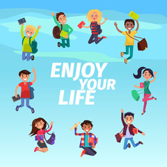 Bouncing Students Hovering in Sky Enjoy Your Life