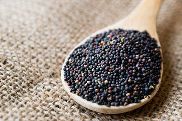 Black Mustard Seeds in Wooden Spoon with Sack