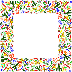 Fototapeta na wymiar Mexican symbols vector greeting card, wedding or party invitation decoration, Cinco de Mayo(5th may) border. Square frame of traditional elements Mexican holiday on white background.