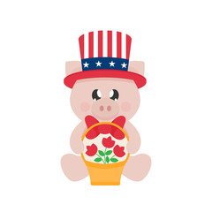 4 july cartoon cute pig in hat sitting with basket and flowers