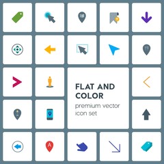 Modern Simple Set of location, arrows, cursors, bookmarks Vector flat Icons. Contains such Icons as  direction,  hand,  color,  tag,  sale and more on grey background. Fully Editable. Pixel Perfect