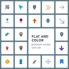 Modern Simple Set of location, arrows, cursors, bookmarks Vector flat Icons. Contains such Icons as  journey,  paper, arrow,  tag,  arrow and more on grey background. Fully Editable. Pixel Perfect