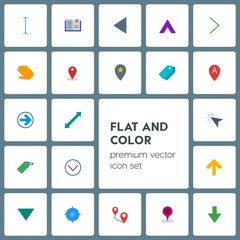 Modern Simple Set of location, arrows, cursors, bookmarks Vector flat Icons. Contains such Icons as  open, double,  circle, pointer,  up, map and more on grey background. Fully Editable. Pixel Perfect