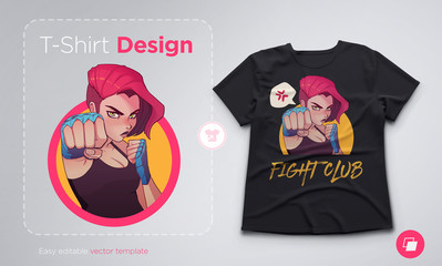 T-shirt design with angry boxing girl with blue boxing bandages, and red hair. Anime style illustration