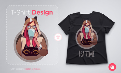 T-shirt design with cute girl sulking and drinking tea . Anime style illustration