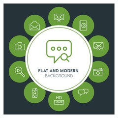 chat and messenger, video, photos, email Infographic Circle outline Icons Set. Contains such Icons as  business,  website,  elements,  background,  pattern,  cd and more. Fully Editable. Pixel Perfect