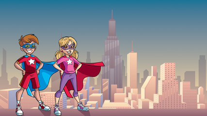 Illustration of superhero children smiling happy while wearing capes against city background for copy space.