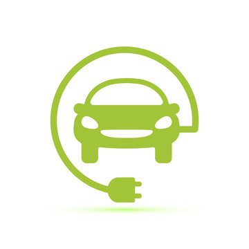 Carved silhouette flat icon, simple vector design. Auto with plug for illustration of car station, battery recharging. Symbol of electric car