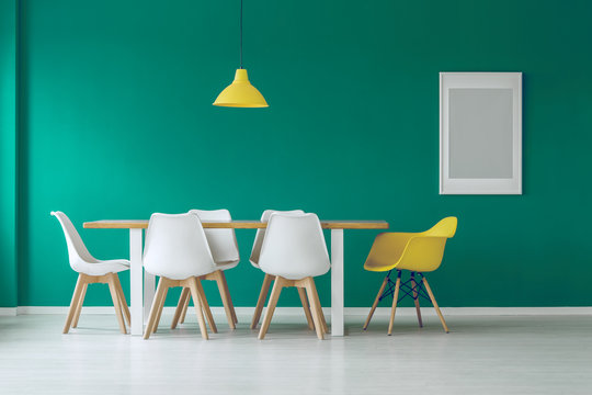 Green and yellow dining room