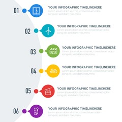 Flat transports, industry, buildings infographic timeline template with 7 options for presentations, advertising, annual reports