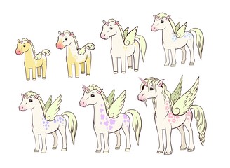 Unicorns of different ages, vector