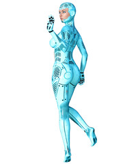 Robot woman. Metal droid with woman's face. Artificial Intelligence. Conceptual fashion art. Realistic 3D render illustration. Studio, isolate, high key.
