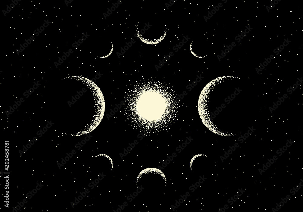 Poster space landscape with scenic view on planet and stars made with retro dotwork style