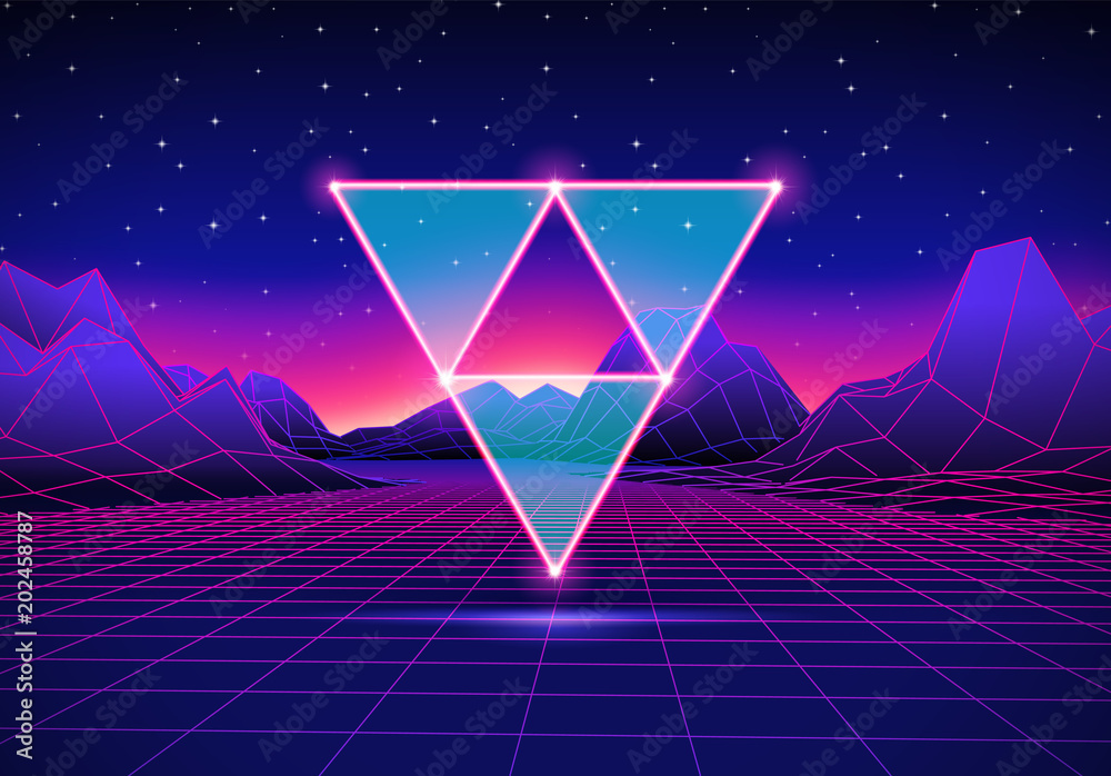 Poster retro futuristic landscape with triangles and shiny grid