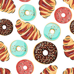 Sweet seamless pattern with croissant and donuts. Vector background for cafe, food design and packaging.