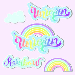 Vector set with Unicorn, Rainbow, clouds. Handwritten lettering Unicorn, Rainbow as patch, logo, icon, stick cake toppers, laser cut plastic, wooden toppers, props for Rainbow, Unicorn party, Birthday