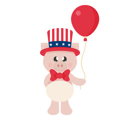 4 july cartoon cute pig in hat with balloons