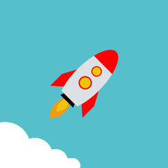 Rocket vector icon. Start up concept symbol space rocket ship in trendy flat style isolated on blue background