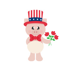 4 july cartoon cute pig in hat with flowers