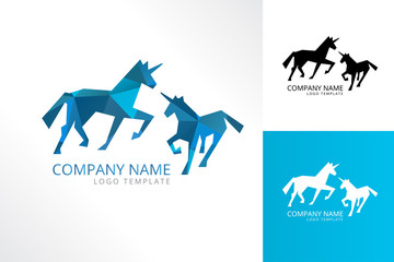 Unicorn logo template in three color version. Stock vector template, easy to use. Polygon style.