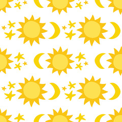 Seamless pattern with sun, moon and stars. Can be used for wallpaper, pattern fills, web page background, surface textures.