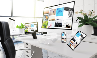 devices floating on mid air mockup showing portfolio
