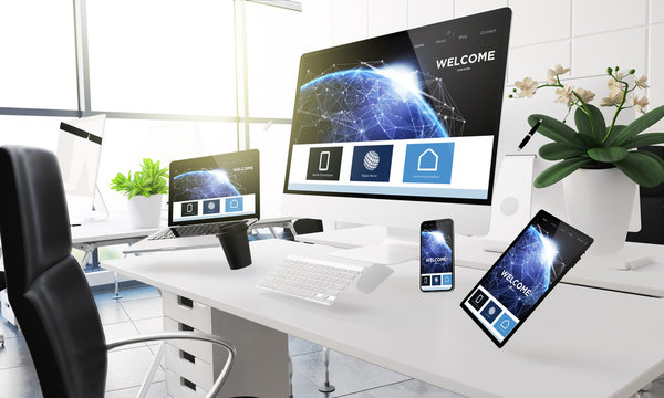 devices floating on mid air mockup showing landing page