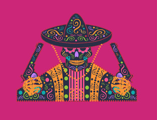 Mexican skull icon with sombrero and pistols with ornament details 