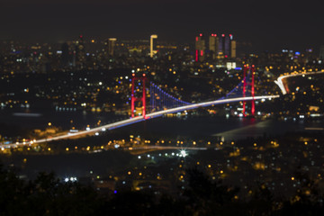 Fototapeta na wymiar City Blurring Lights Abstract Circular Bokeh Background , Bospurus Bridge