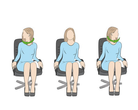 Exercises for the head and neck in the office at the workplace. vector illustration.