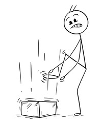 Cartoon stick man drawing conceptual illustration of businessman to whom brick or big stone fall down on foot.