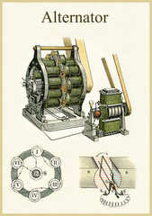 Physics and electricity application: alternator, vintage images from an ancient Physics book explaining the electrical machine and its parts