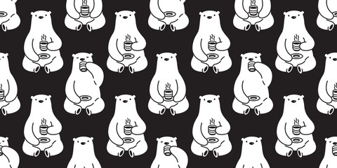 bear Seamless pattern vector polar bear coffee tea isolated repeat wallpaper background black