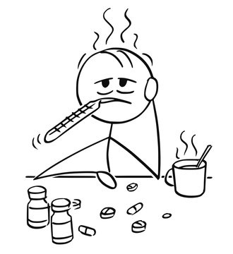 Cartoon stick man drawing conceptual illustration of businessman ill with influenza, flu or cold trying to cure yourself by thermometer in mouth, hot tea and painkiller tablet or pill.