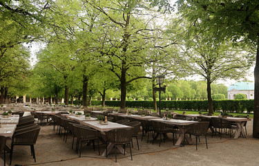 Munich - Hofgarten green park in city center early in the morning, with the beer garden tables...