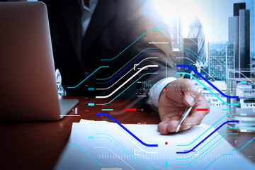 double exposure of businessman or salesman handing over a contract on wooden desk