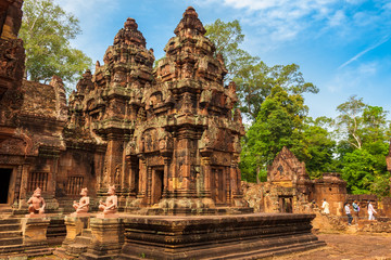 Nice corner view of the north sanctuary tower of  Banteay Srei (Citadel of the Women) temple. The...