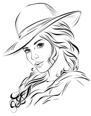 Original graphic portrait of a fashionable girl in a hat and with long curly hair. Vector illustration