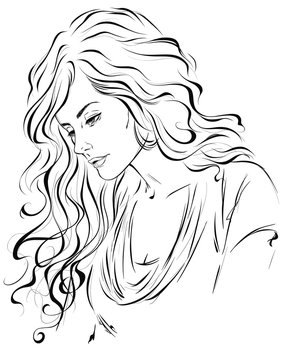 Original graphic portrait of a fashionable girl with long curly hair. Vector illustration