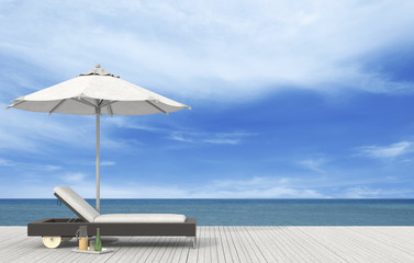 3D rendering of the beach lounge - sundeck on sea view for vacation.