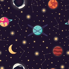 Universe with planets, stars and astronaut helmet seamless pattern, cosmos starry night sky, vector illustration