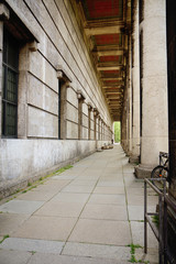 Munich, colonnade architectural detail of Haus der Kunst now modern art museum, built in 1933 as monumental structure in Nazi architecture style