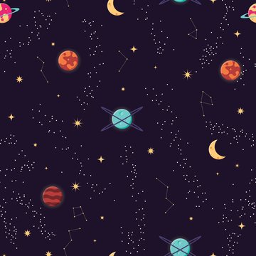 Universe with planets and stars seamless pattern, cosmos starry night sky, vector illustration