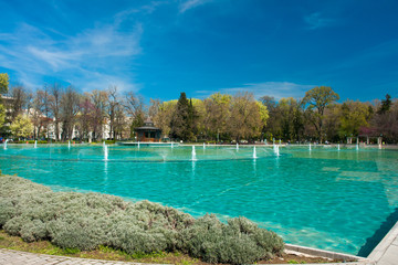 Obraz na płótnie Canvas PLOVDIV, BULGARIA - April 8, 2018: Panoramic view of Singing Fountains in City of Plovdiv, Bulgaria