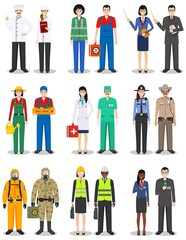 People occupation characters set in flat style isolated on white background. Different men and women professions characters standing together. Templates for infographic, sites, social networks. Vector