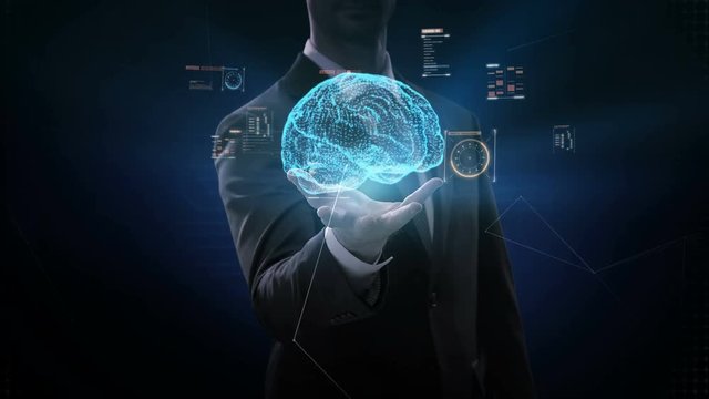 Businessman open palm, Dots connected Brain shape, digital lines in digital display interface, grow future artificial intelligence. 4K movie.