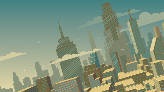 Tilted cartoon cityscape background with comics city. 