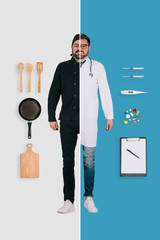 young man in two occupations of chef and doctor on different backgrounds